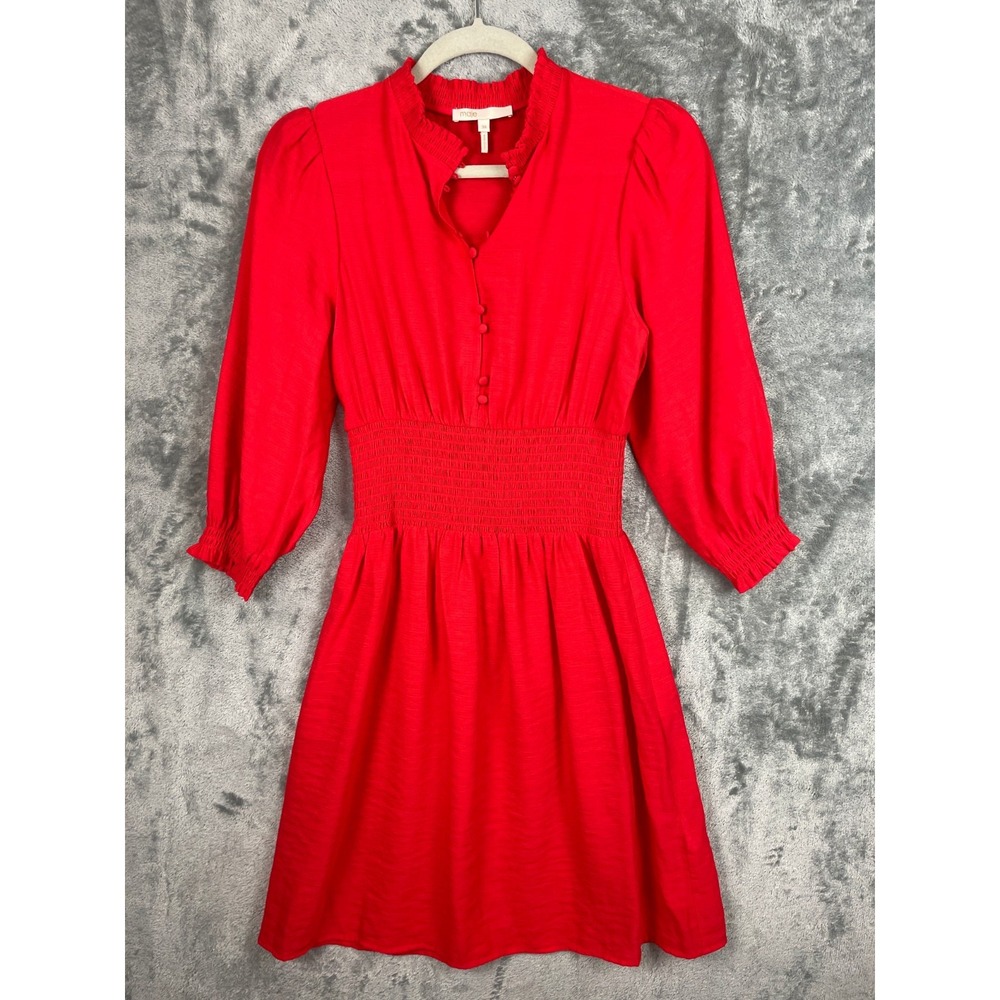 MAJE Dress Womens Size 38 Medium Red Smocked Waist Half Button Feminine Romantic